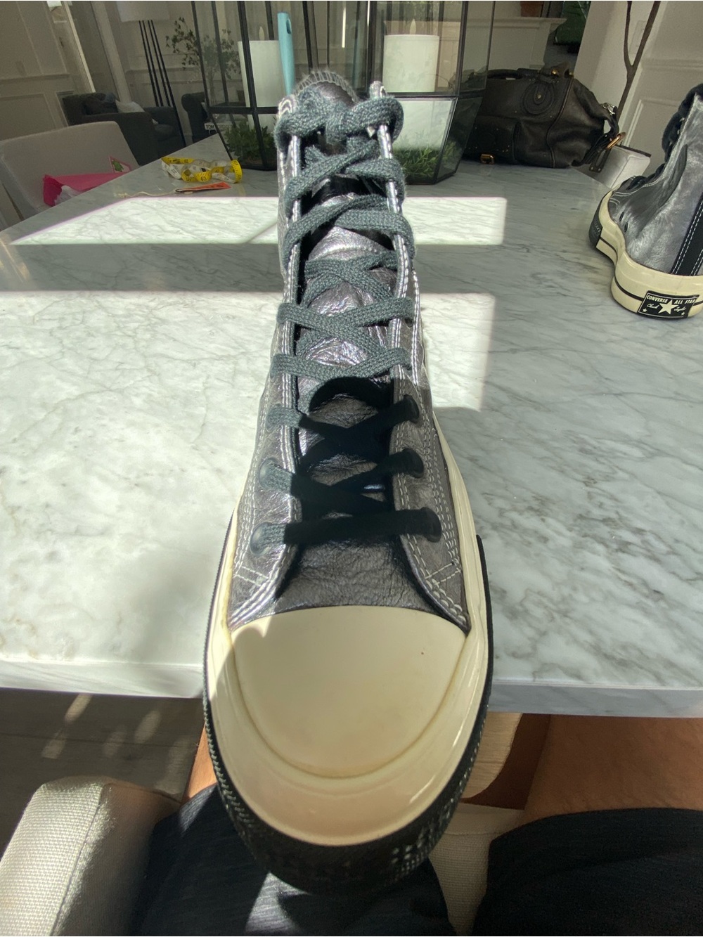 Converse Men’s Leather Silver Metallic High Top Sneakers with Black Accents - Picture 7 of 10